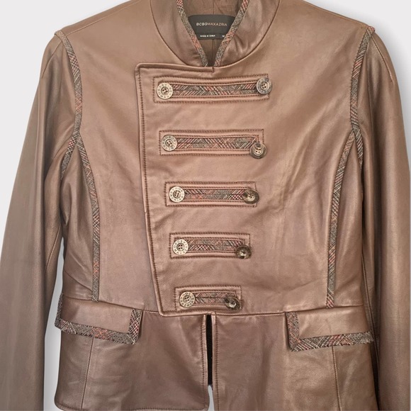 BCBMaxAzria Military Style Leather Jacket With Plaid Trim Size Medium - Picture 3 of 11